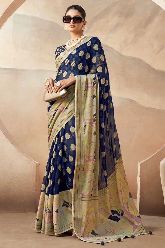 Charming Navy Blue Color Georgette Fabric Saree With Printed Work