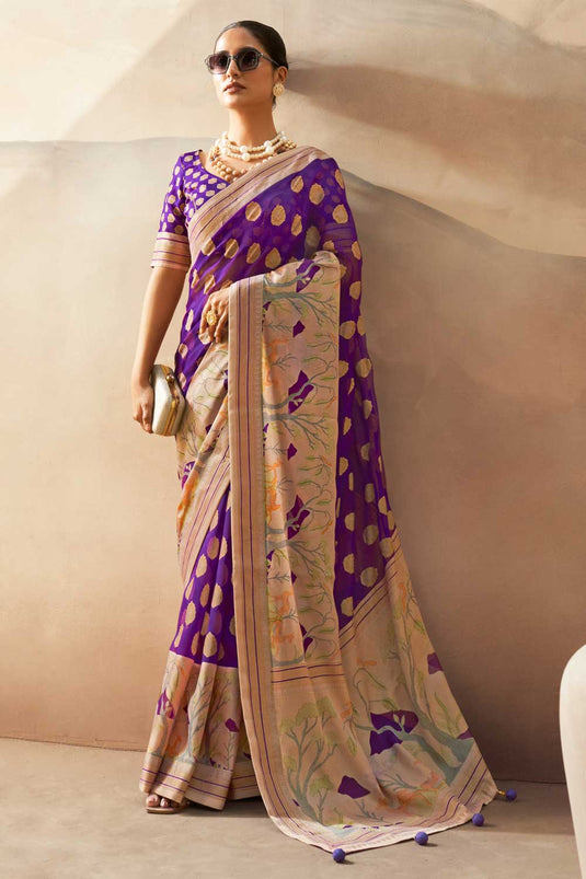 Mesmeric Purple Color Printed Work On Saree In Georgette Fabric