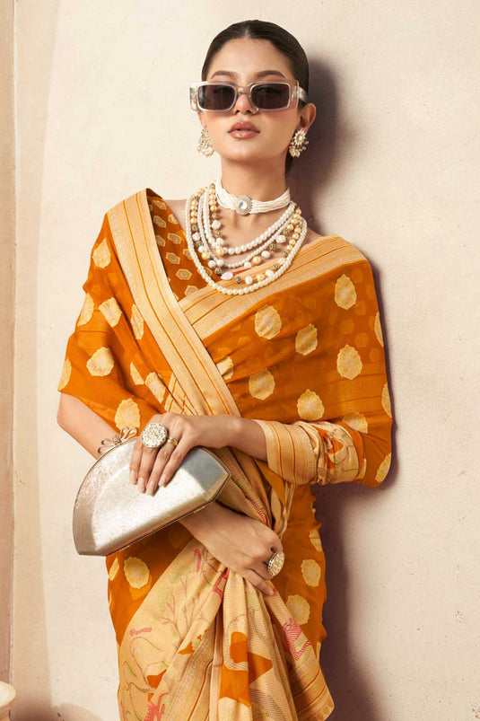 Excellent Georgette Fabric Mustard Color Saree With Printed Work