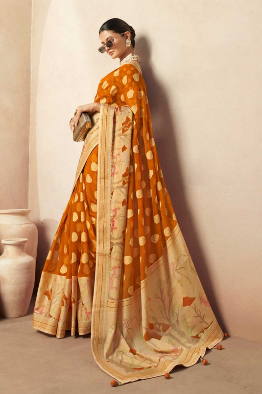 Excellent Georgette Fabric Mustard Color Saree With Printed Work