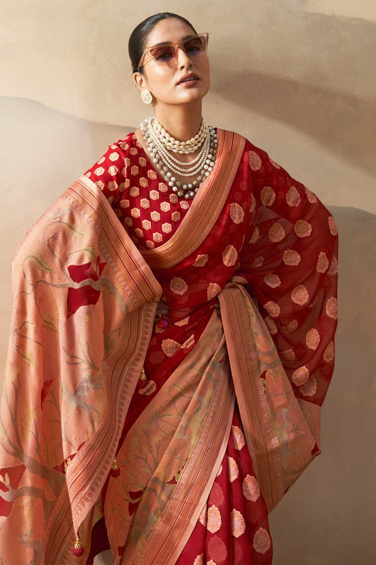 Red Color Printed Work On Georgette Fabric Beatific Saree