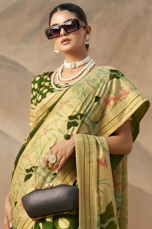 Beguiling Printed Work On Green Color Georgette Fabric Saree