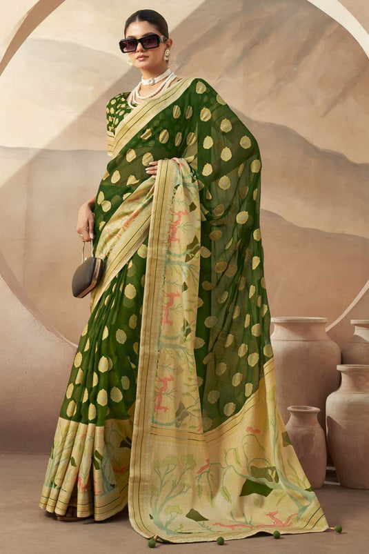 Beguiling Printed Work On Green Color Georgette Fabric Saree