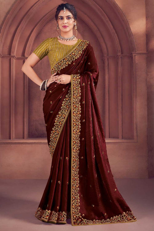 Maroon Color Embroidered Work Pleasant Organza Saree