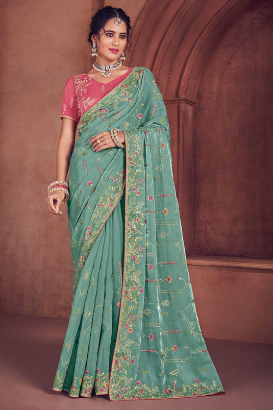 Light Cyan Color Glorious Organza Saree With Embroidered Work