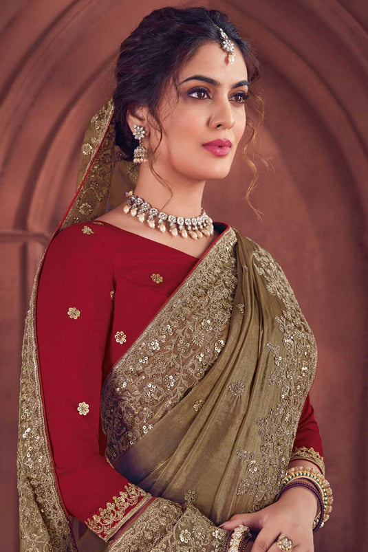 Delicate Dark Beige Color Embroidered Work Organza Saree