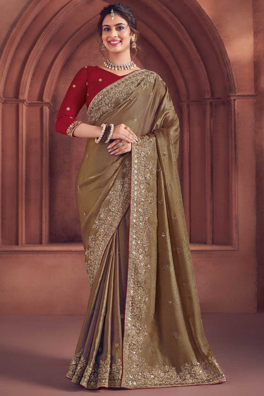 Delicate Dark Beige Color Embroidered Work Organza Saree