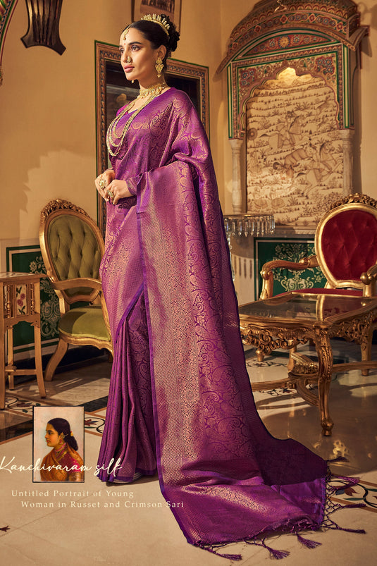 Function Wear Soft Handloom Weaving Silk Saree In Purple Color