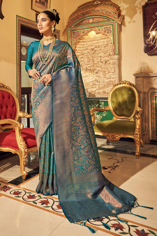 Radiance Teal Function Wear Soft Handloom Weaving Silk Saree