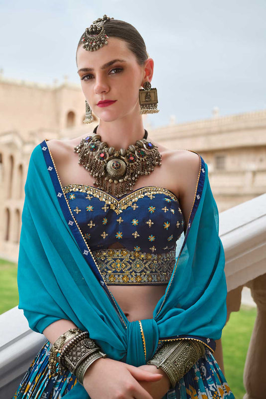 Creative Cyan Color Art Silk Fabric Readymade Lehenga