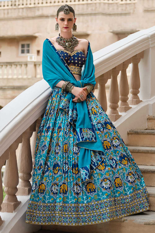 Creative Cyan Color Art Silk Fabric Readymade Lehenga