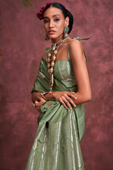 Banarasi Zari Weaving Sea Green Color Stylish Satin Handloom Silk Saree