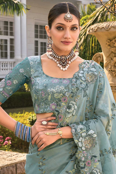 Sea Green Color Glorious Organza Saree With Stone and Thread Work