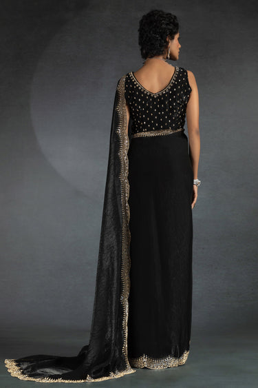 Satin Silk Stone Border Work Saree In Black Color