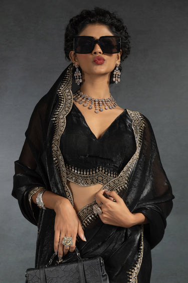 Satin Silk Stone Border Work Saree In Black Color