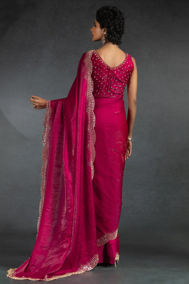 Party Wear Satin Silk Stone Border Work Saree In Rani Color