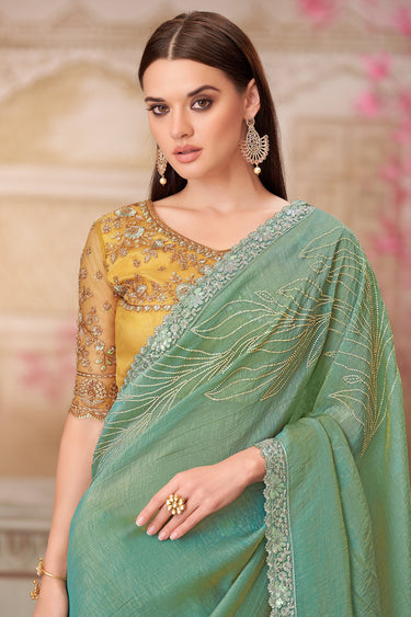 Satin Silk Party Style Luxurious Lace Border Work Saree In Sea Green Color