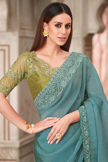 Georgette Silk Party Style Wondrous Lace Border Work Saree In Cyan Color