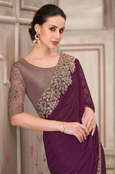 Purple Party Style Georgette Silk Dazzling Lace Border Work Saree With Embroidered Blouse