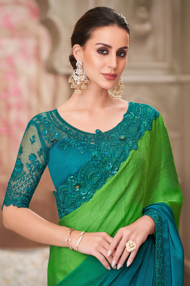 Chiffon Party Style Cyan Lace Border Work Saree With Embroidered Blouse