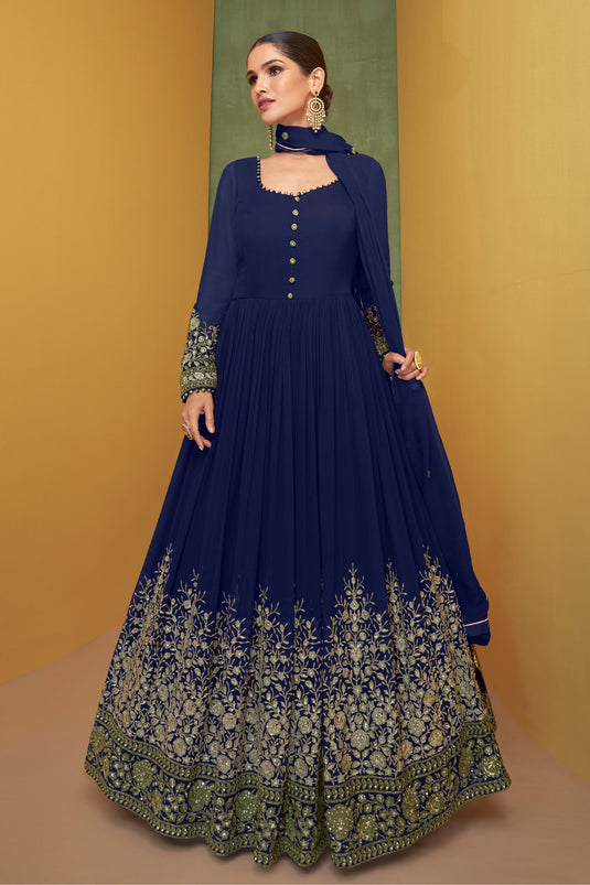Vartika Singh Engaging Blue Color Georgette Fabric Anarkali Suit