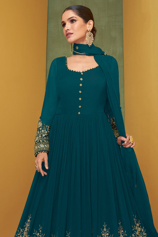 Vartika Singh Georgette Fabric Teal Color Winsome Anarkali Suit