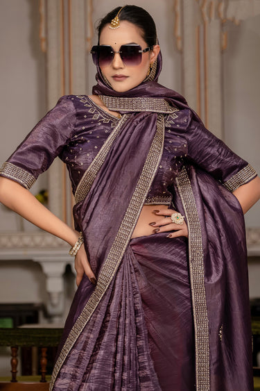 Fancy Fabric Purple Stone Work Party Wear Saree