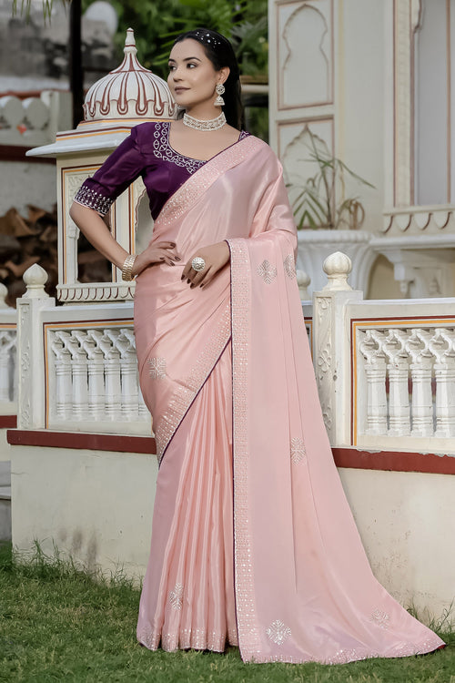 Chinon Stone Border Work Pink Saree
