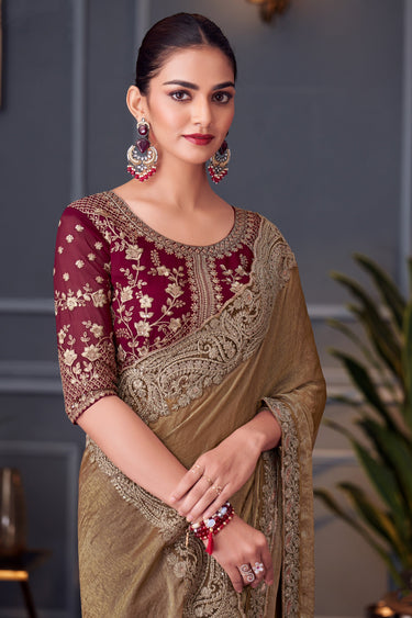 Art Silk Embroidered Lace Border Work Brown Saree