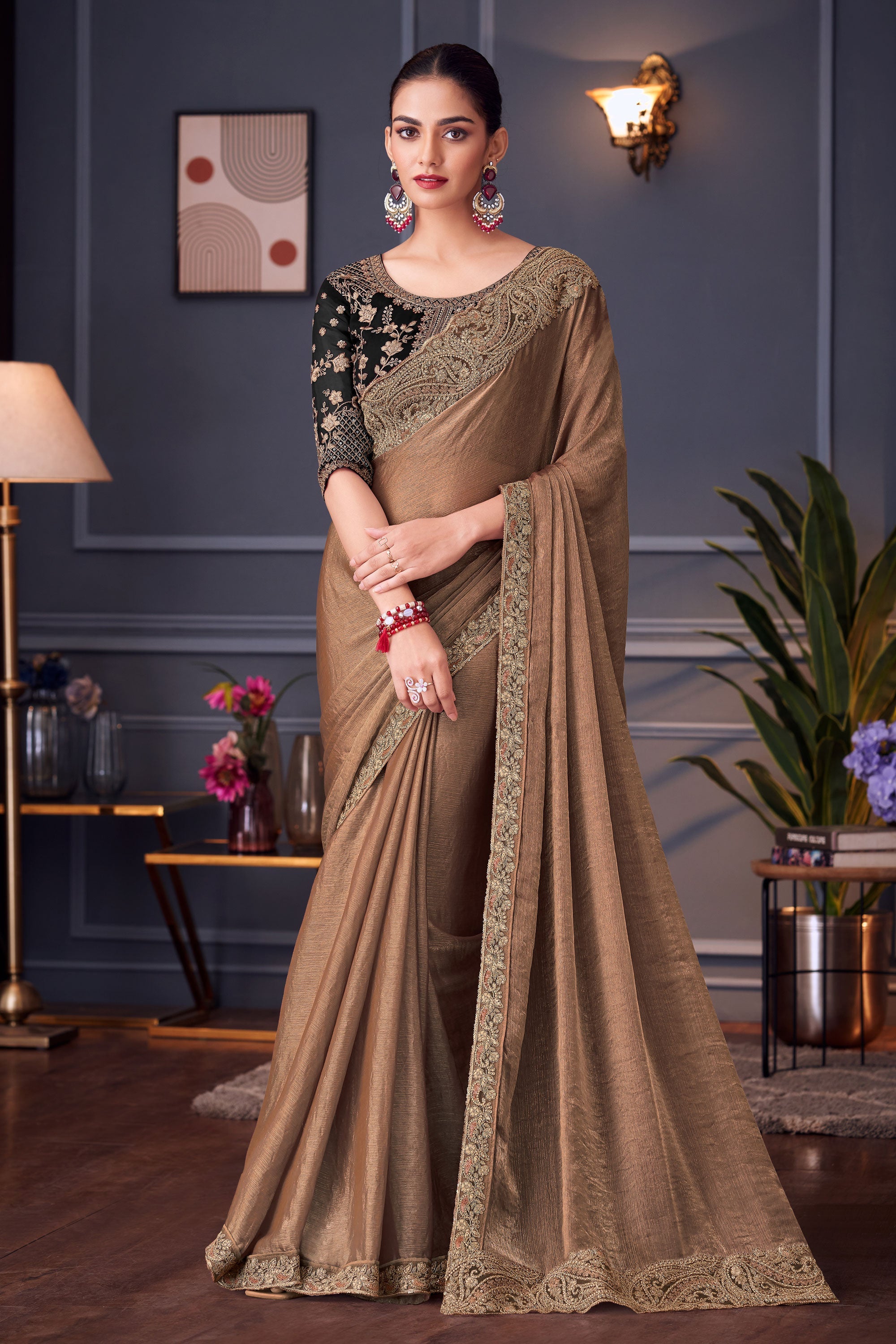 Art Silk Embroidered Lace Border Work Saree In Cream Color – Sarees Bazaar