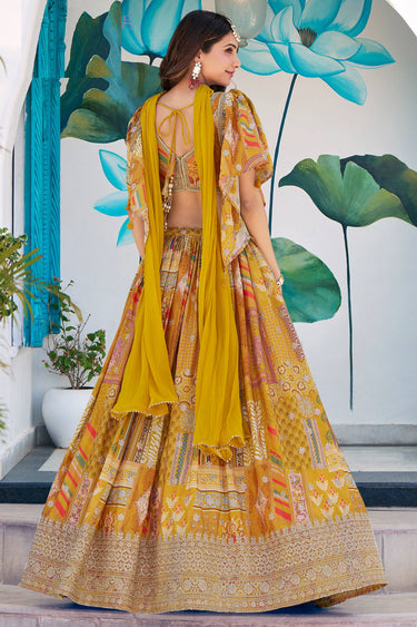 stylish Festive Look Yellow Chinon Fabric Lehenga Choli
