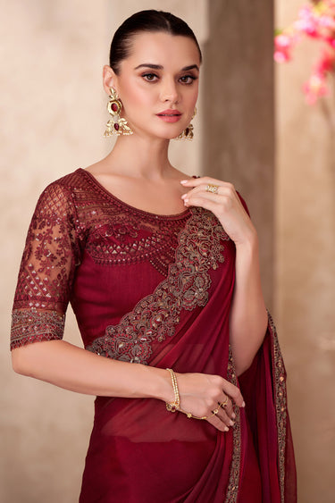 Dazzling Border Work On Maroon Color Saree In Chiffon Fabric