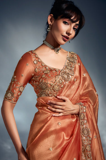 Orange Color Organza Fabric Coveted Saree With Fancy Heavy Work