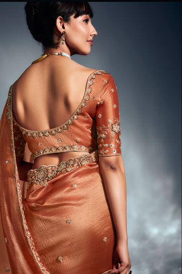 Orange Color Organza Fabric Coveted Saree With Fancy Heavy Work