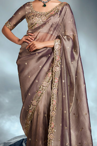 Organza Fabric Chikoo Color Riveting Saree With Fancy Heavy Work