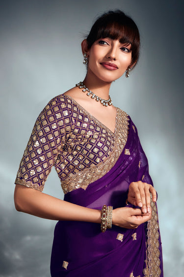 Organza Fabric Purple Color Patterned Saree With Fancy Heavy Work