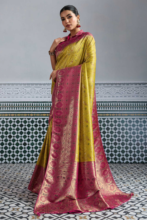Yellow Kanjivaram Silk Weaving Work Saree