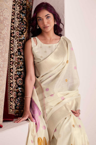 Off White Linen Jacquard Border Saree