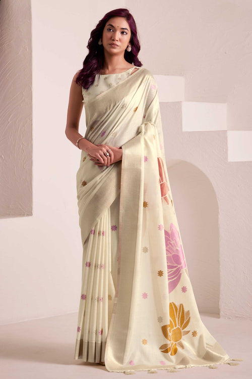 Off White Linen Jacquard Border Saree