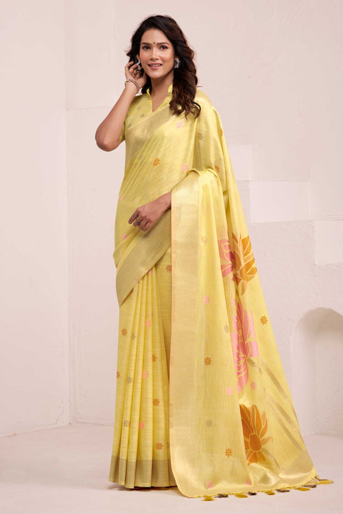 Yellow Linen Jacquard Border Saree