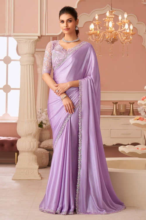 Purple Party Wear Chiffon Lace Border Work Saree