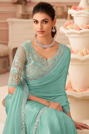 Chiffon Lace Border Work Cyan Saree
