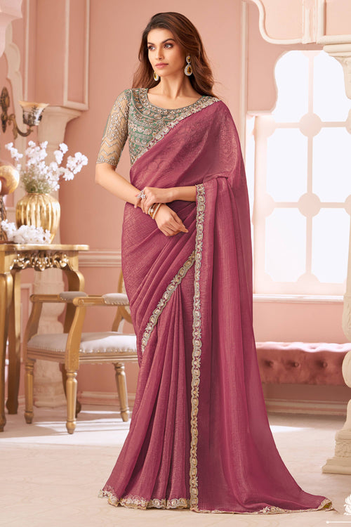 Georgette Lace Border Work Saree In Pink Color