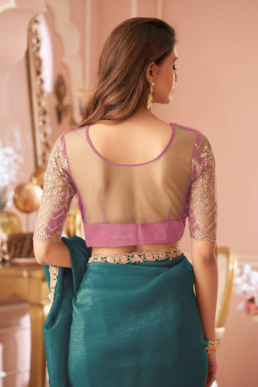 Sangeet Wear Georgette Lace Border Work Saree In Teal Color