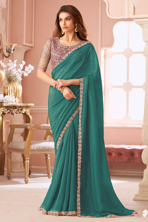 Sangeet Wear Georgette Lace Border Work Saree In Teal Color