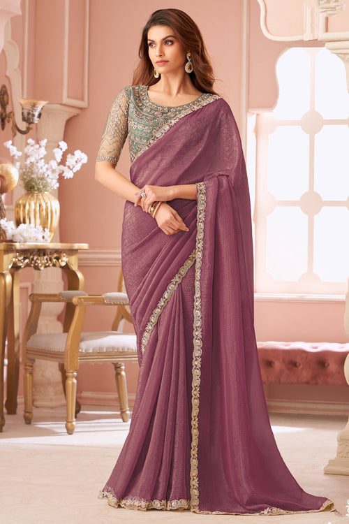 Georgette Lace Border Work Saree In Wine Color
