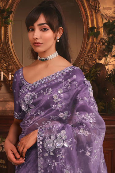 Organza Fabric Lavender Color Excellent Saree With Border Work