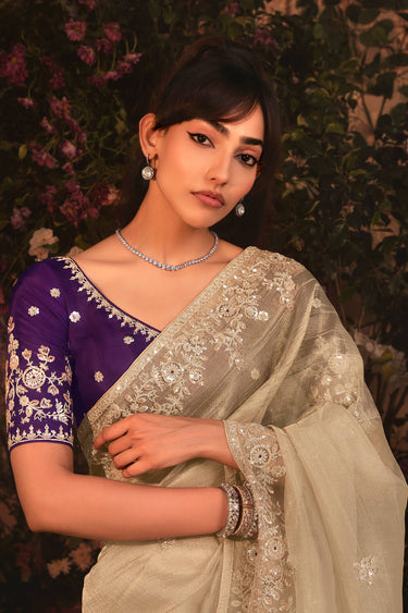 Creative Border Work On Cream Color Organza Fabric Saree