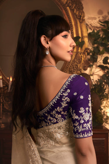 Creative Border Work On Cream Color Organza Fabric Saree