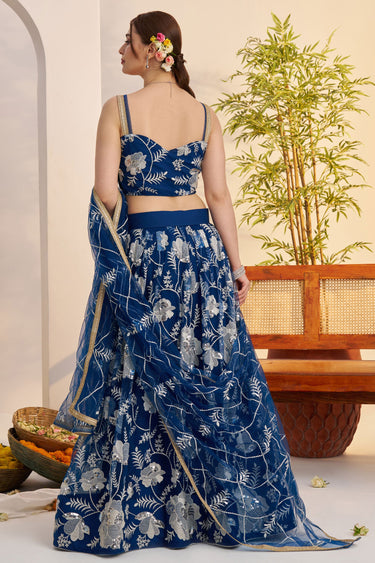 Graceful Function Wear Embroidered Blue Net Fabric Lehenga